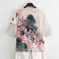 thumbnail image 5 of Xoenoiee Tiger Plum Blossom Paint Splatter Print Cotton Linen Button Down Shirt for Women V Neck Blouse Casual 3/4 Sleeve Tops Loose Fit Cotton Blouses, 4XL, 5 of 7