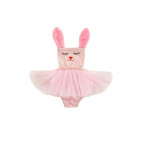 

Qtinghua Newborn Baby Girl Easter Outfit Bunny Romper Tutu Dress Summer Sleeveless Backless Lace Rabbit Jumpsuit Bodysuit Pink 6-12 Months
