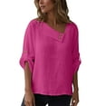 thumbnail image 5 of Olyvenn Women Cotton Linen Tops Causal Summer Shirts Rolled Sleeve Asymmetrical Neck T Shirts Solid Loose Blouses for Daily Hot Pink L, 5 of 9