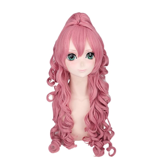 Peluca larga para cosplay, rosa, rizada, hasta la mitad, 80 cm, sintética