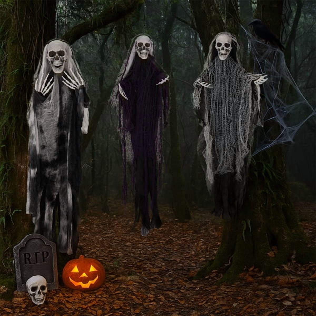 3-Pack Halloween Hanging Grim Reaper Decorations, Adjustable Arms, Realistic Skull/Fabric Robes, Indoor/Outdoor Use