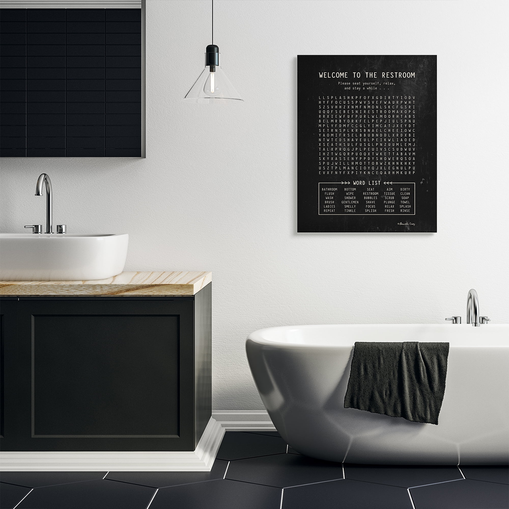 Stupell Industries Seat Yourself Restroom Crossword Activity Distressed Black Inspirational Painting Gallery Wrapped Canvas Art Print Wall Art, 30 x 40