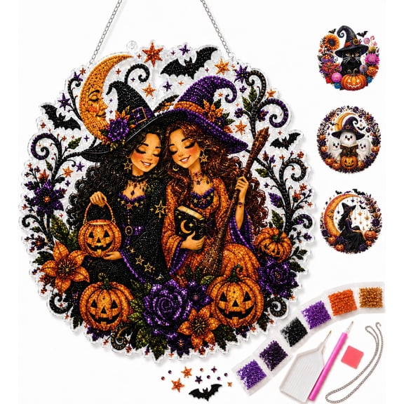 Halloween Witch Friendship Diamond Art Window Suncatcher - Halloween Pearl Art Kit, Double-Sided Acrylic Sun Catcher, Diamond Art Hanging Kits for Adults Beginners (#A)
