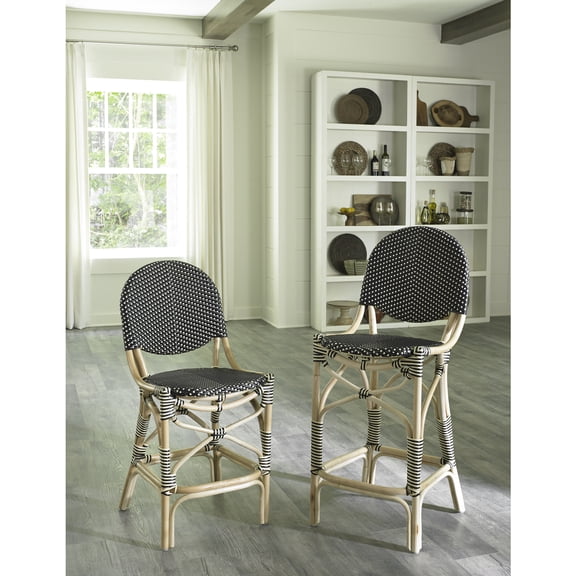 Homestock Antique Ambiance French Bistro Counter Stool - Black/Beige - Classic Upholstered Bar Stool For Kitchen Island, Vintage Style Counter Seat