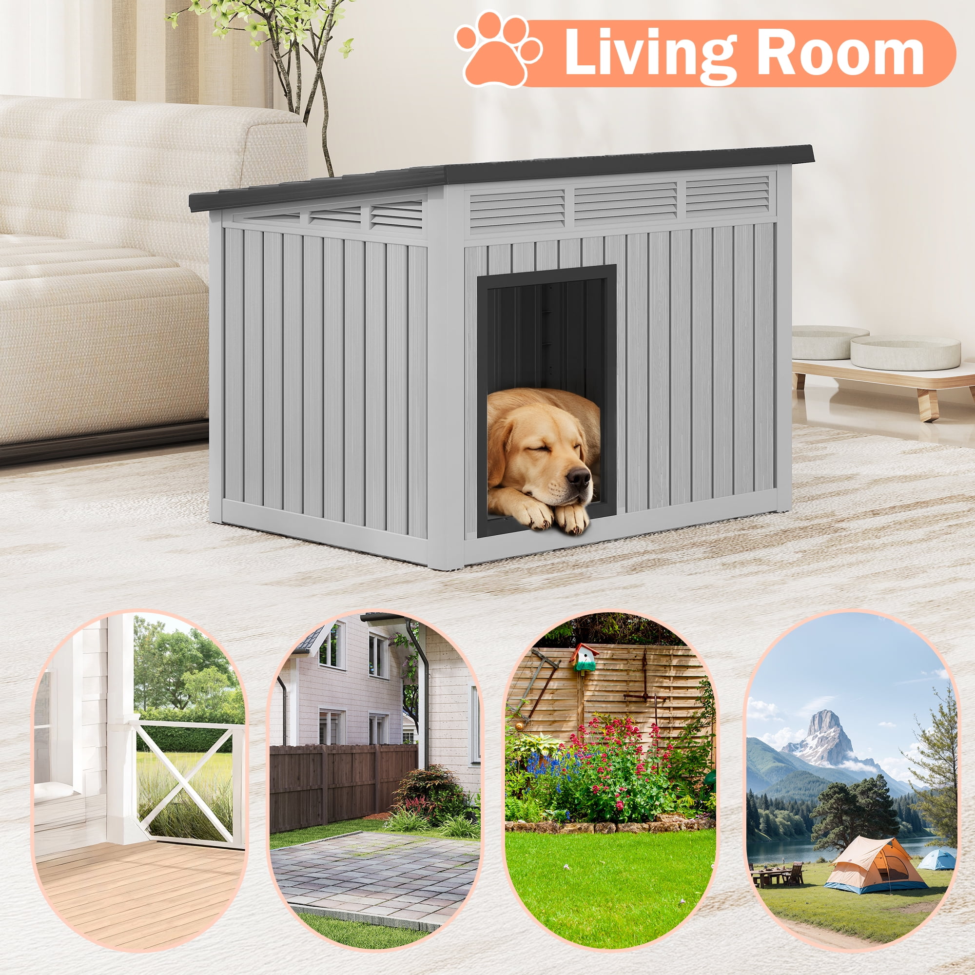 LHBcraft Waterproof Dog House,Indoor & Outdoor Dog Shelter with Ventilated Design & Removable Roof, PP Dog Kennel for Medium to Large Dogs,Gray,42.8" L x 33" W x 31" H