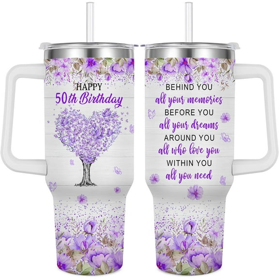 Women 50th Birthday Tumbler,50 Year Old Women Gifts Ideas-Women Birthday Insulated Tumbler With Handle and Straw (50th)