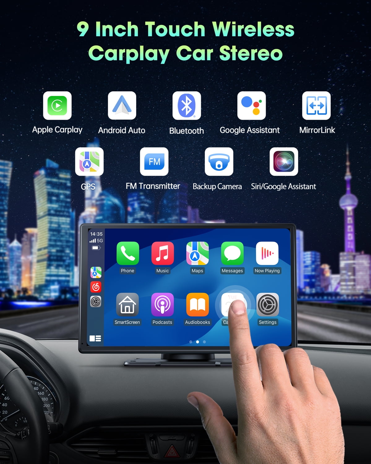 Lamtto Carplay Screen for Car,9-inch Portable Car Stereo Touchscreen with Apple CarPlay and Android Auto with Voice Control,GPS Navigation for All Vehicles
