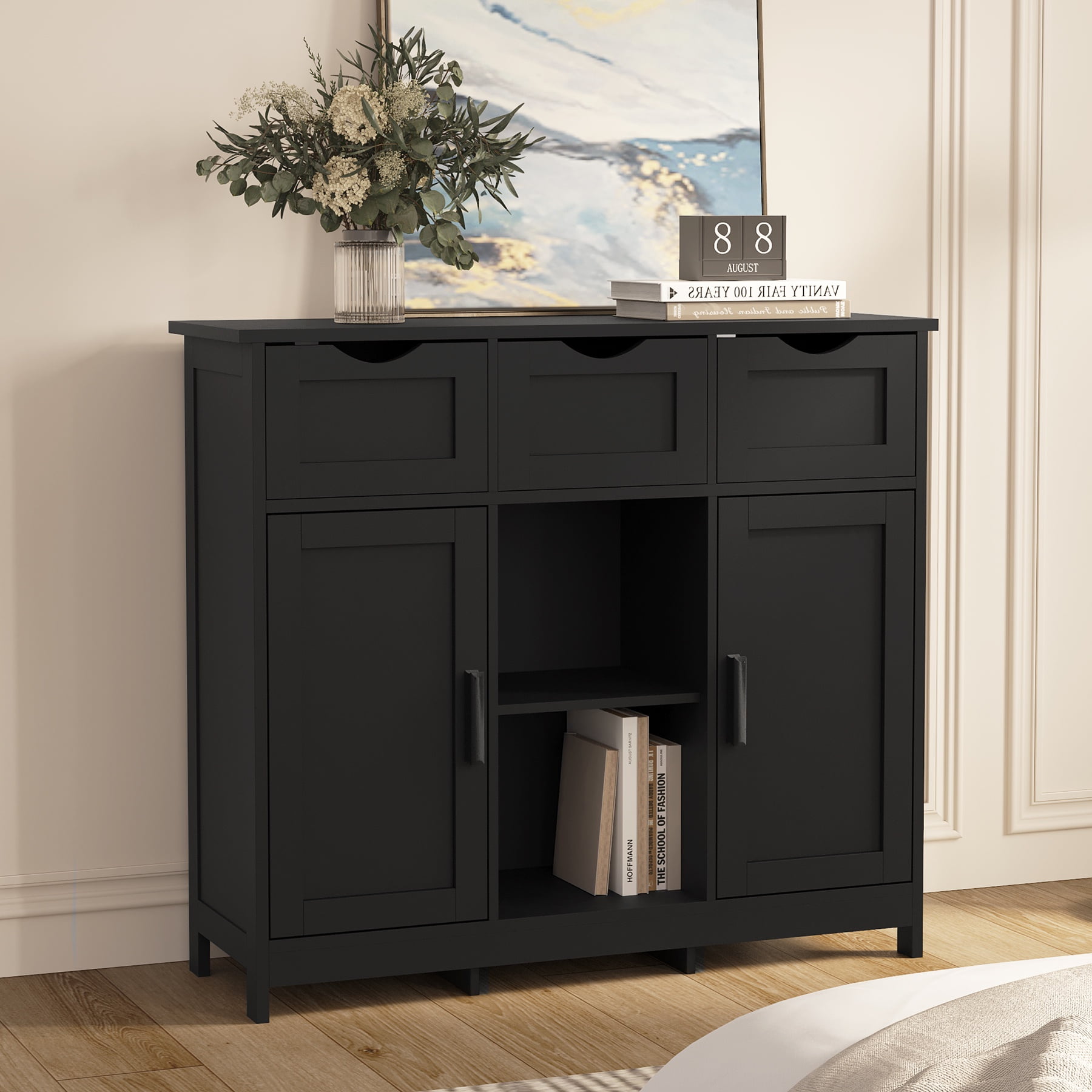 PORKISS Black Floor Storage Cabinet, Wood Accent Cabinet with Drawers and Adjustable Shelves Storage, Modern Pantry Cabinet for Kitchen, Bathroom, Living Room
