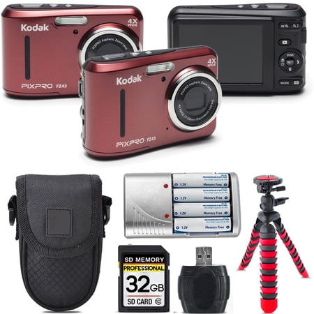 Kodak PIXPRO FZ43 Digital Camera (Red) + Extra Battery +Tripod + Case -32GB Kit