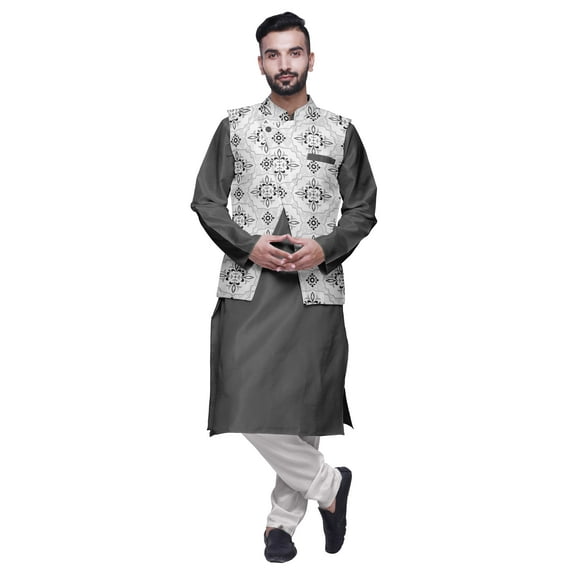 Atasi Men Mandarin Collar Solid Kurta Churidar Pajama & Printed Nehru Jacket Set