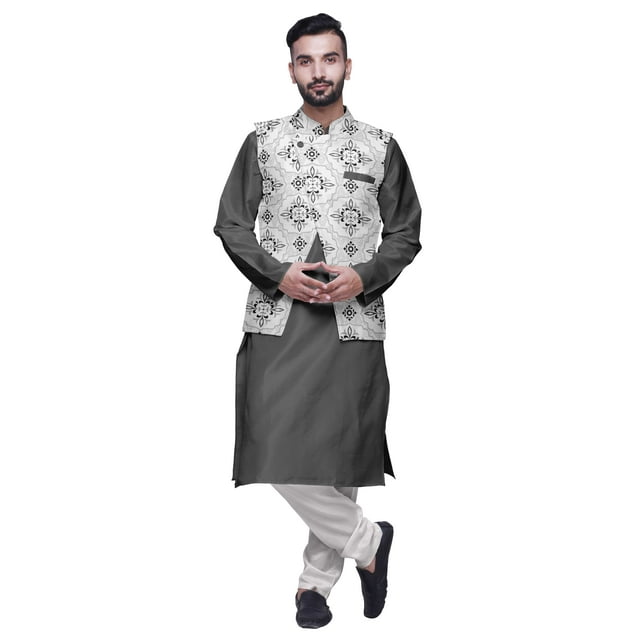 Atasi Kurta Churidar Uni pour Homme à Col Mandarin, Pyjama et Ensemble de Veste Nehru Imprimée