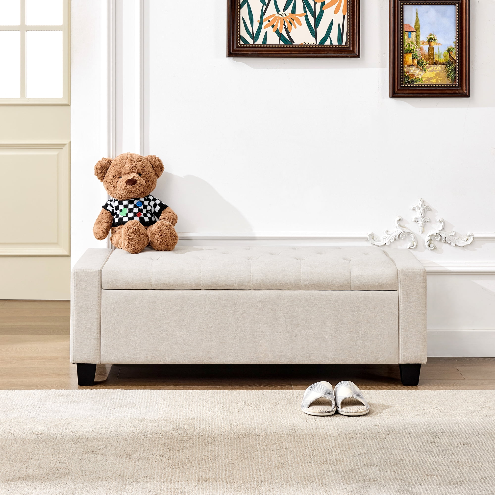Huatean Home 48" Ottoman Storage Bench Upholstered with Safety Hinge, Beige