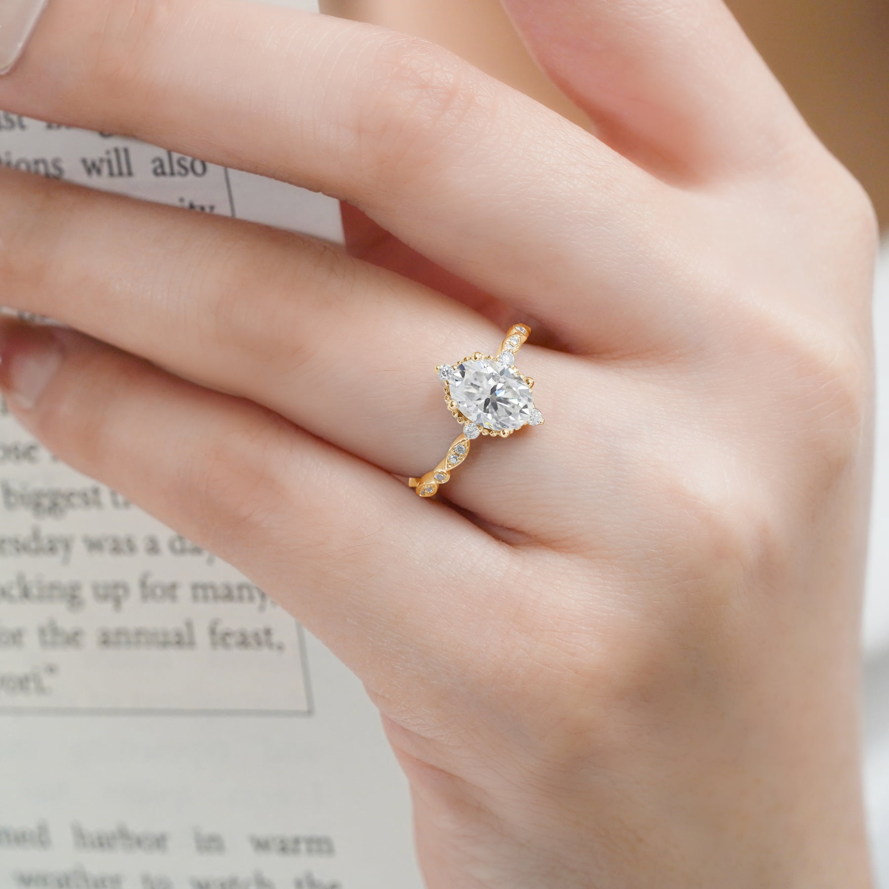 JeenMata 1.5 Carat Moissanite Oval Shape - Vintage Filigree Bezel 5-Stone Milgrain Decorative Engagement Ring In 18K Yellow Gold Plating for Women