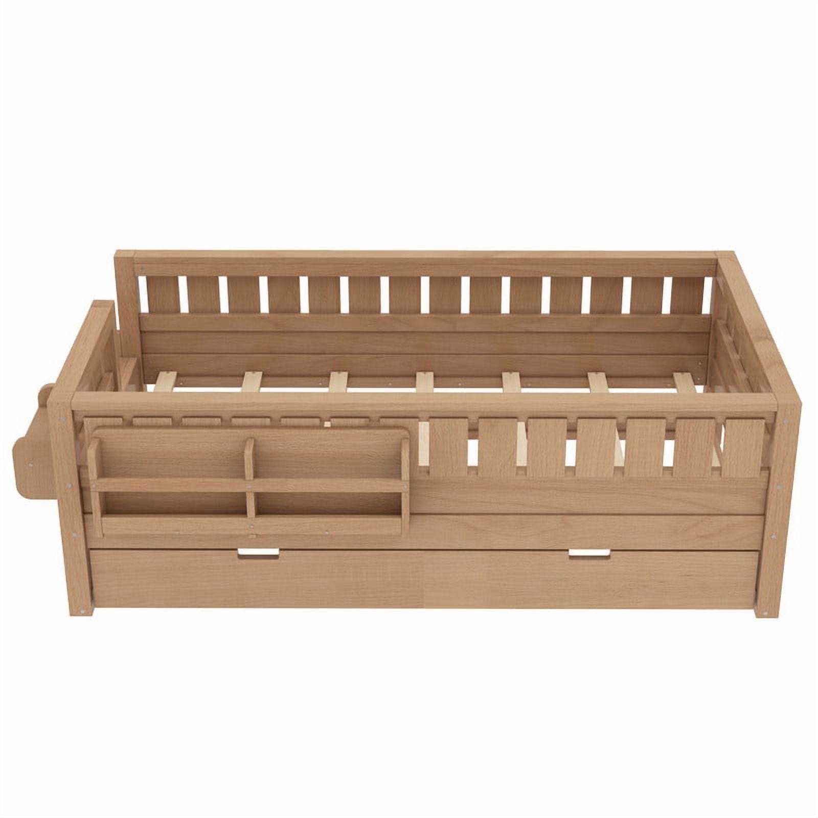 Bellemave Twin Bed with Trundle and Small Stairs, Twin Size Platform Bed Frame with Rail and Bookshelf, Wooden Montessori Floor Bed No Box Spring Needed,Natural