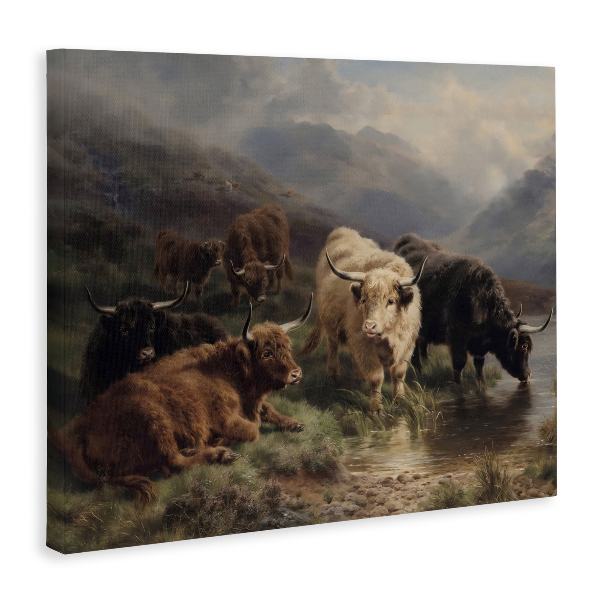 Stupell Industries Highland Cows Beside Misty Loch Canvas Wall Art, design by Arlington Prints