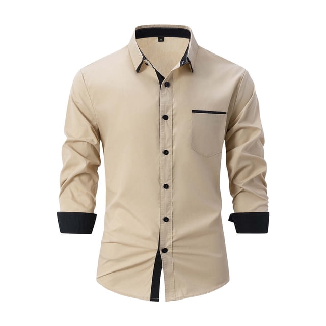 WTXUE Button-Up Shirts Long Sleeve, Notch Neck Shirts for Men Spring Fall Shirts Lapel Buttons Shirt Tops Cardigan Patchwork | Workwear for Men Khaki 3XL