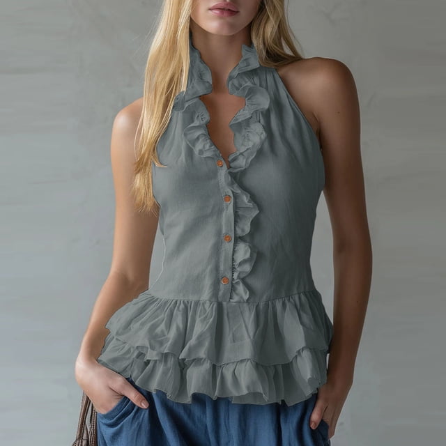 Uootdi Women's Tops Halter Neck Sleeveless Ruffle Trim Tops Party Occasion Lightweight Flowy Cut Comfortable Silhouette Tops Gift