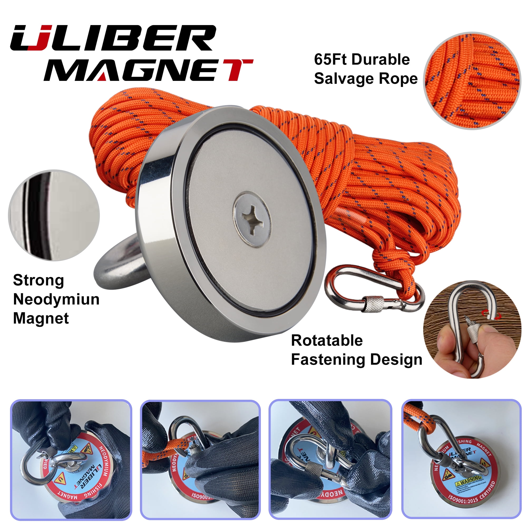 ULIBERMAGNET Ultra-Powerful Fishing Magnets 700LBS Pulling Force, N52 Neodymium Retrieval Fishing Magnets Diameter 75mm with Preferred Rope & Gloves Perfect Suitable Salvage, Treasure and Retrieving