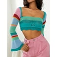 thumbnail image 2 of Women Hollow Jumper Square Neck Crochet Knit Sweater Pullover Y2k Crop Tops Long Flared Sleeve Blouse Color Block Streetwear, 2 of 6