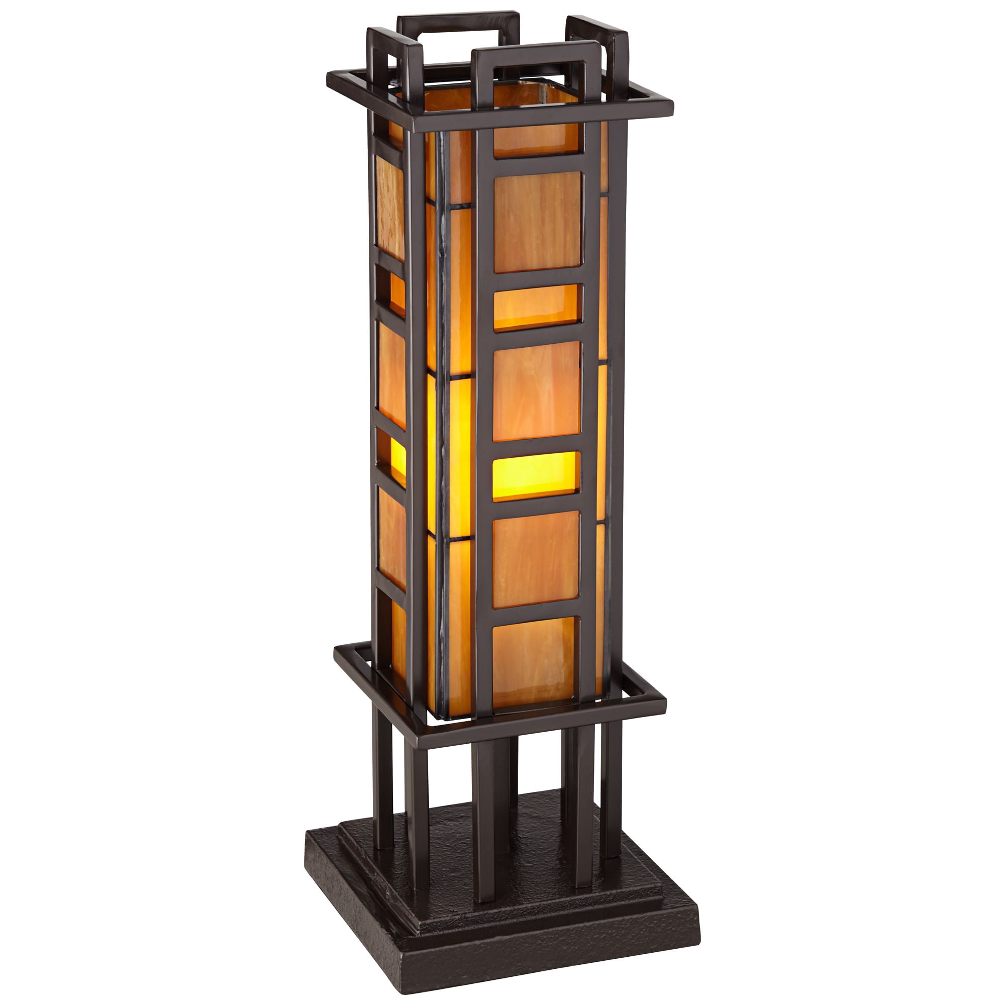 Robert Louis Tiffany Prairie Mission Accent Table Lamp 20" High Bronze Geometric Metal Amber Stained Glass for Bedroom Living Room Bedside Nightstand