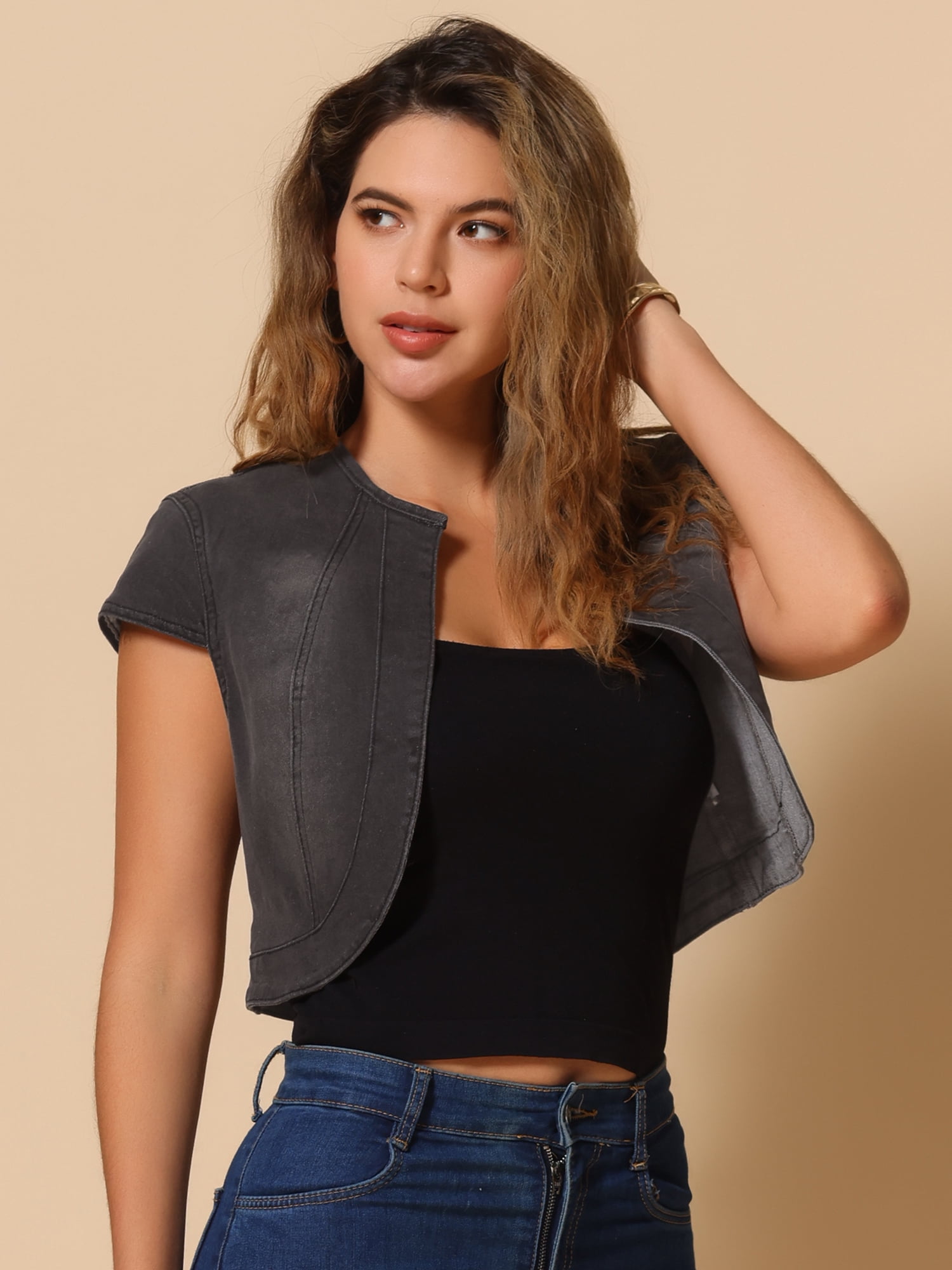DARING DIVA Women's Crop Denim Cardigan Cap Sleeve Jean Jacket M Black Gray