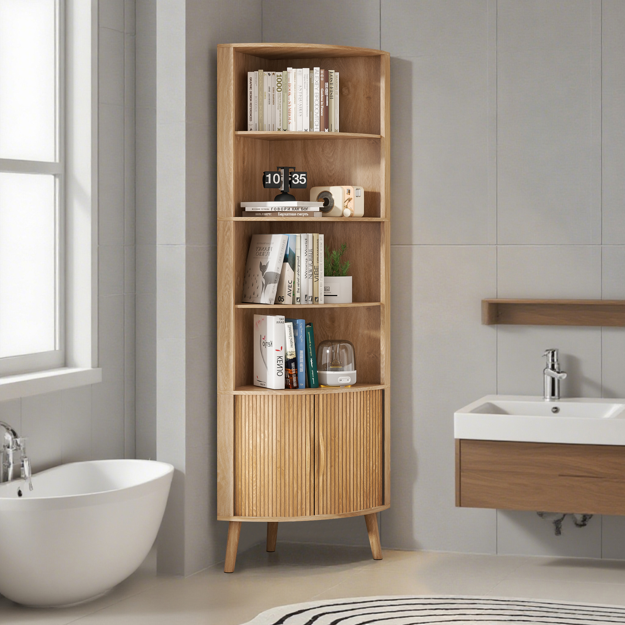 Bathroom Tall Corner Cabinet with Doors, Freestanding Corner Storage Cabinet for Kitchen, Living Room, Walnut