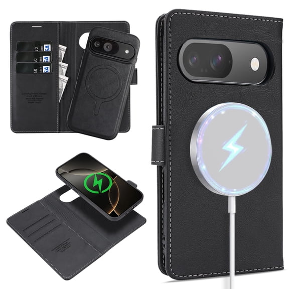 Wallet Case for Google Pixel 10 /10 Pro, Detachable 2-in-1 PU Leather Flip Folio Case Magnetic Wireless Charging, Vintage Card Slots Kickstand Phone Cover for Google Pixel 10 /10 Pro, Black