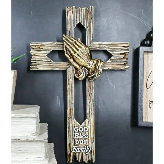 Rustic Western Faux Wooden God Bless Our Family Praying Hands Rugged Wall Cross