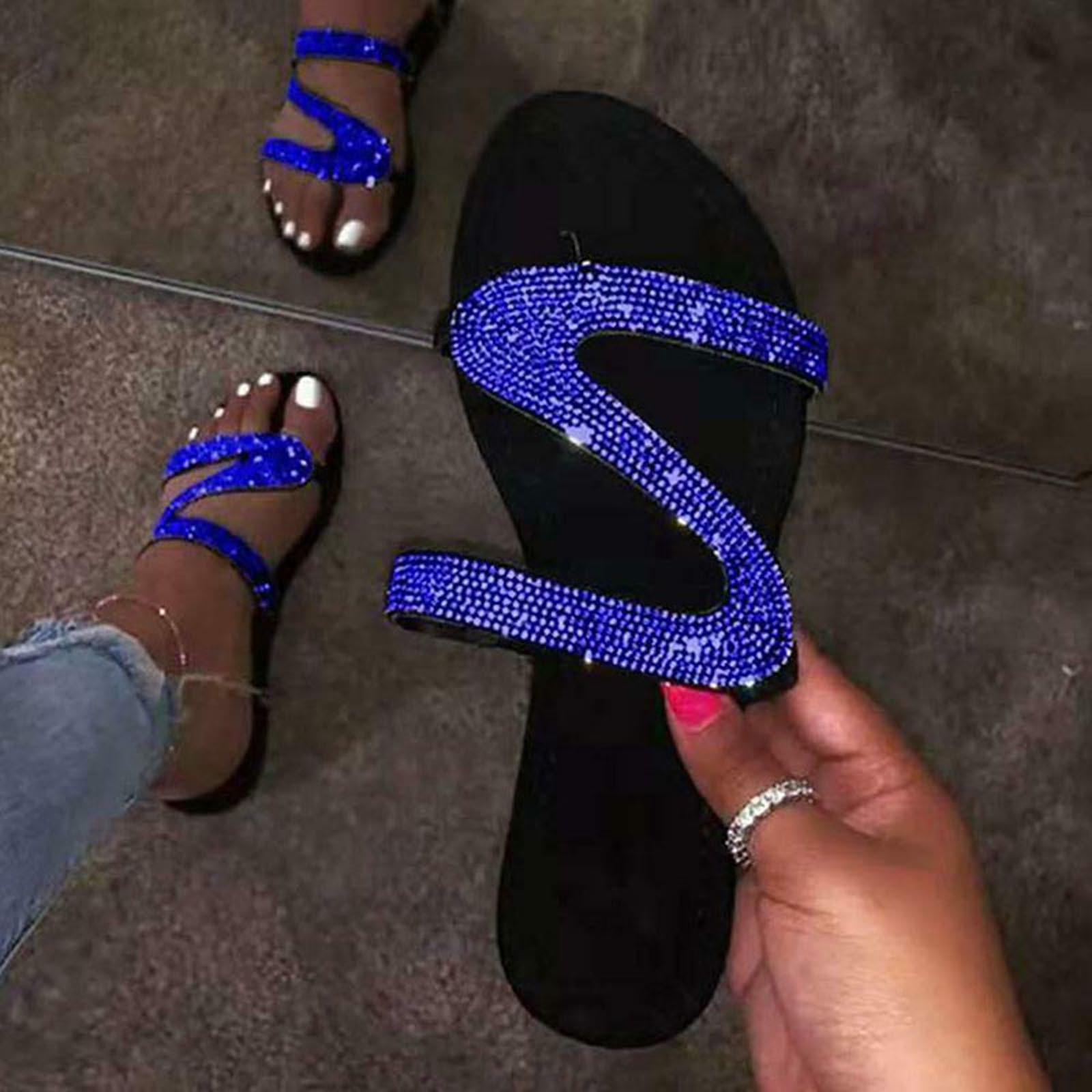 cllios Rhinestone Sandals Women Flat Clip Toe Slipper Dressy