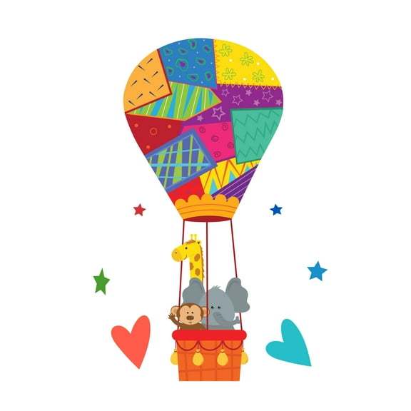 ADVENTURE - Vinyl Kids Bedroom Nursery Multicolored Hot Air Balloon Décor Sticker Safari Animals Hearts & Stars Design Adhesive Home Wall Decal 28" x 40"