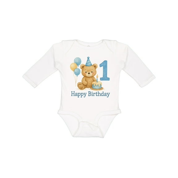 Inktastic 1st Birthday Bear with Cake and Balloons Boys or Girls Long Sleeve Baby Bodysuit