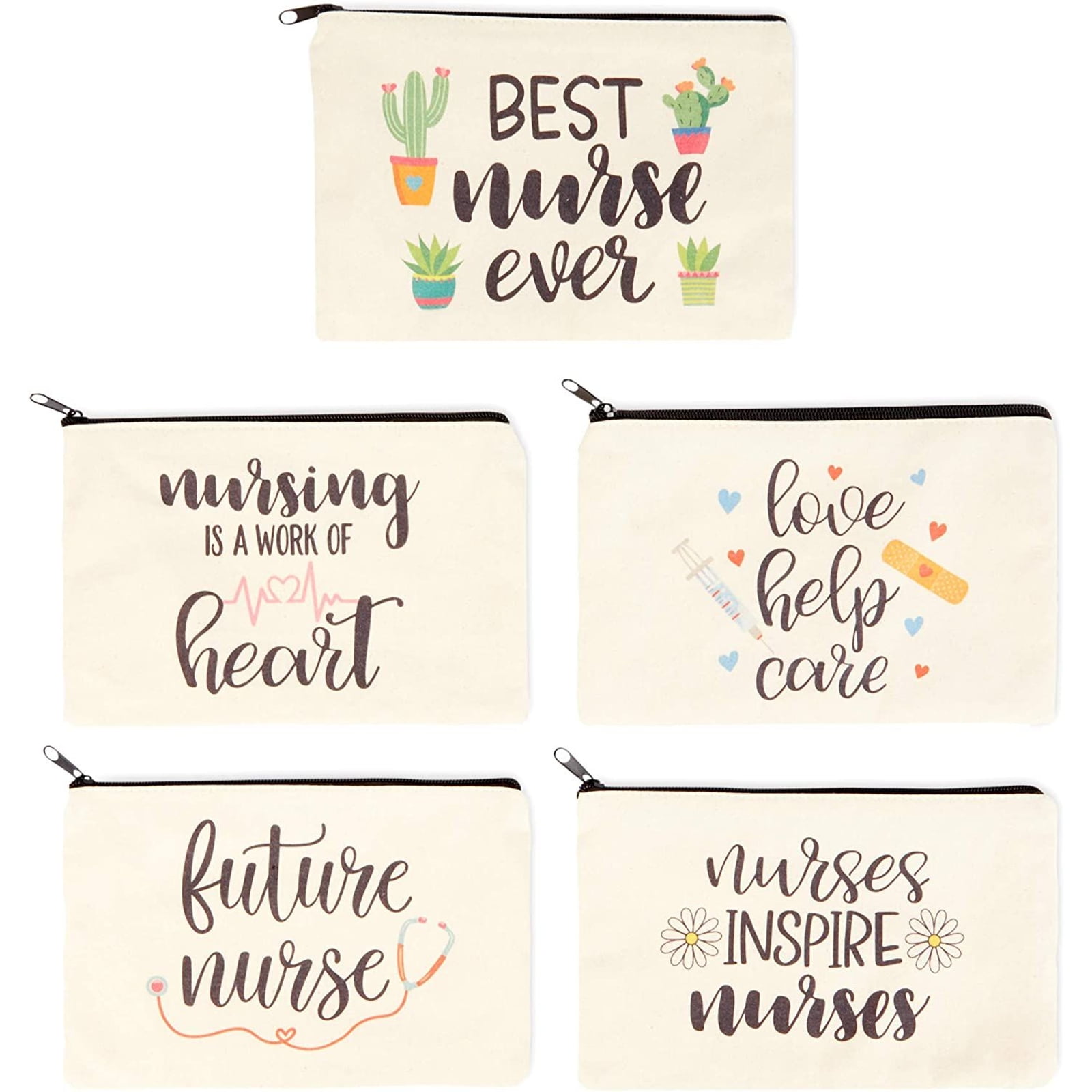 5-Pack Canvas Makeup Bags for Nurse Appreciation Gifts, Cosmetic Pouches (9' x 6')