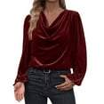 thumbnail image 3 of Meichang Velvet Tops Women Dressy Casual Long Sleeve Vintage Velour Shirt Cowl Neck Drape Ruched Front Business Work Blouses, 3 of 7