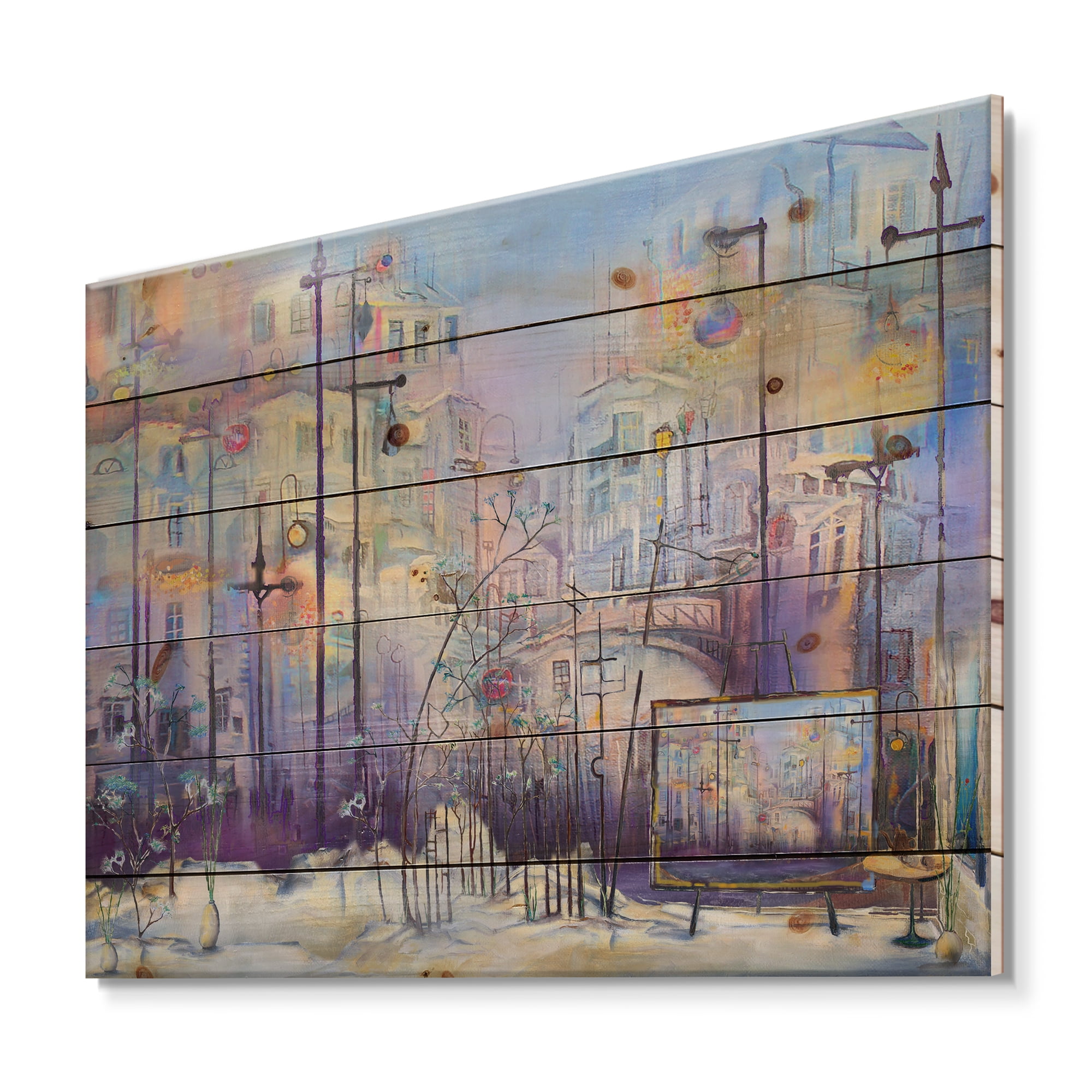 Designart 'Abstract Cityscape With Pastel ' Modern Print on Natural Pine Wood