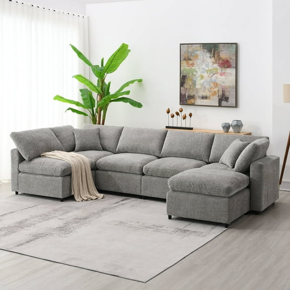Harper & Bright Designs Modern Modular Cloud Sofa, Chenille Sectional Sofa with Ottoman, U Shaped Convertible Sofa for Living Room, Gray