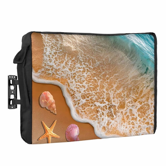 Summer Beach Waterproof Outdoor TV Cover, Ocean Waves Starfish Shell Conch Coastal Outside Weatherproof TV Enclosures for 52 to 55 Inch LCD Television Shield Flat Screen Protectors