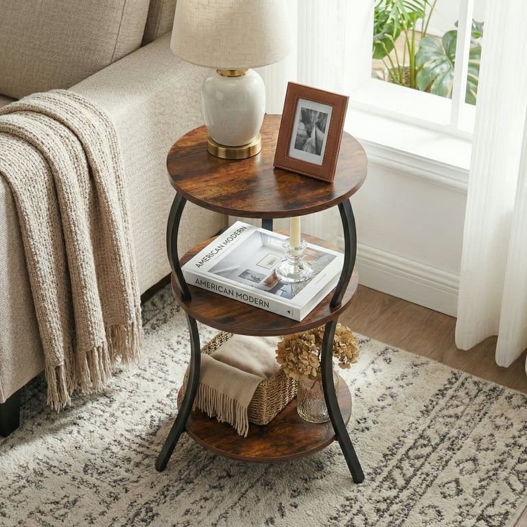 ZEXVIDA Vintage Round Side Table with 3-Tier Slim Waist Storage