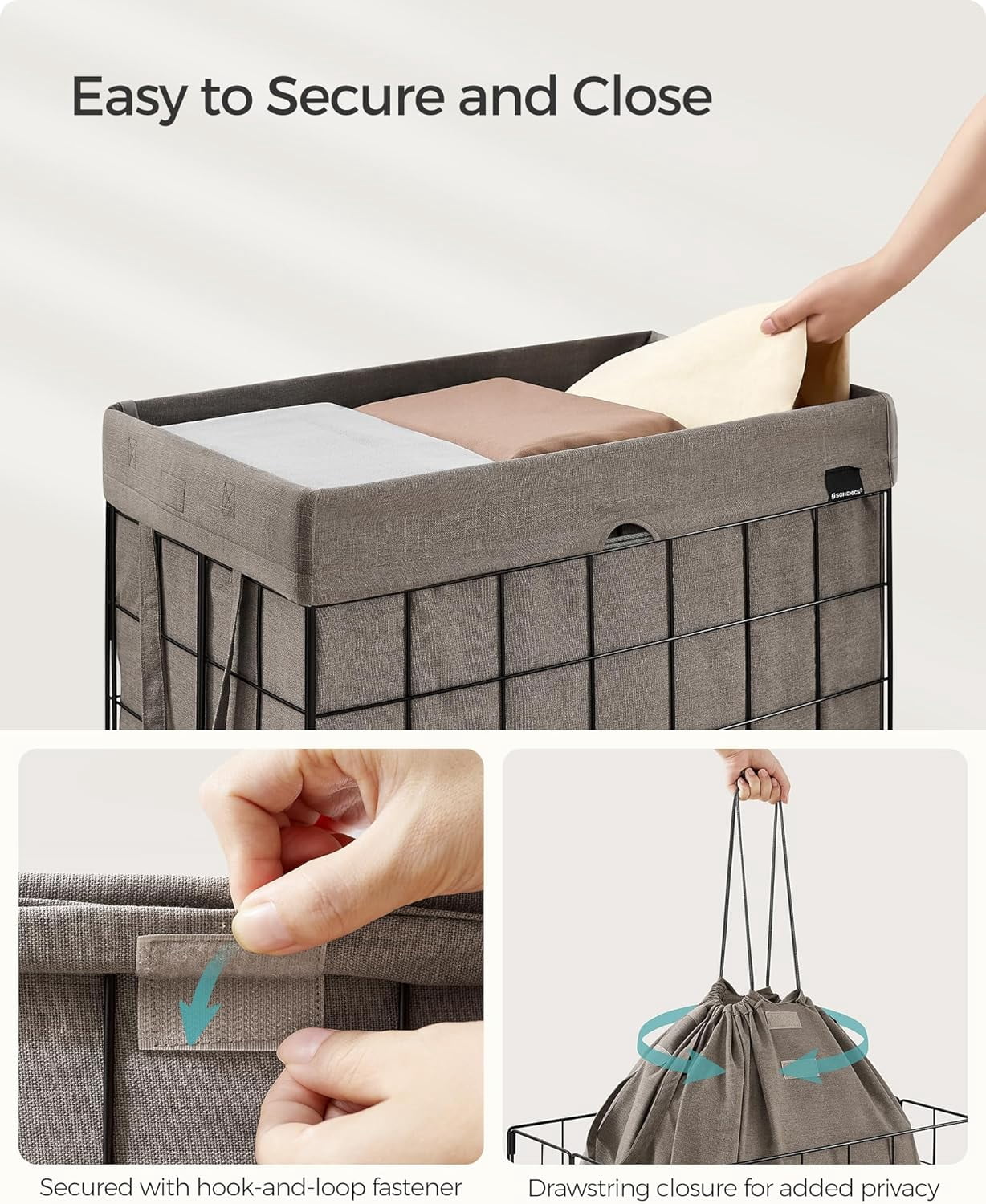 Laundry Hamper, 23.8 Gal. Laundry Basket, Collapsible Clothes Hamper, Removable and Washable Liner for Bedroom Bathroom, Black and Camel Brown