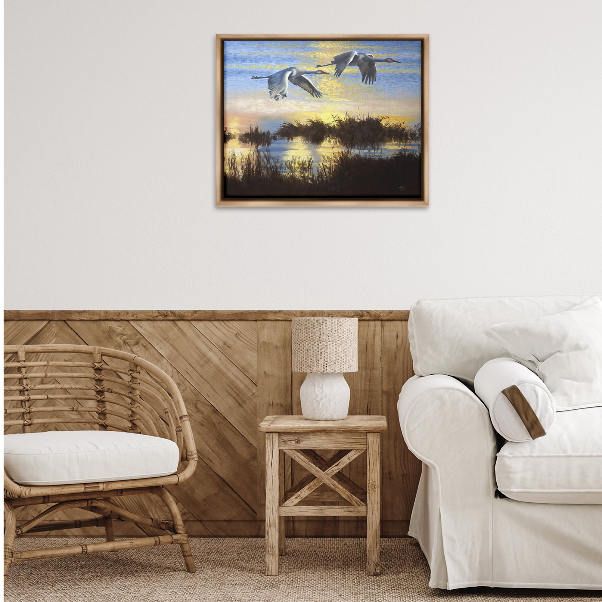 Stupell Industries Two Cranes Over Lake Landscape Painting Brown Floater Framed Canvas Art Print Wall Art, 31 x 25