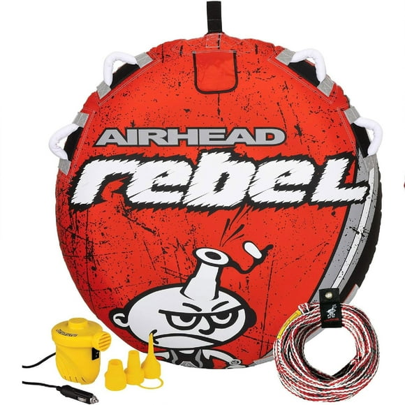 Airhead Rebel 54" 1 Person Durable Towable Tube Kit with Rope and 12V Pump