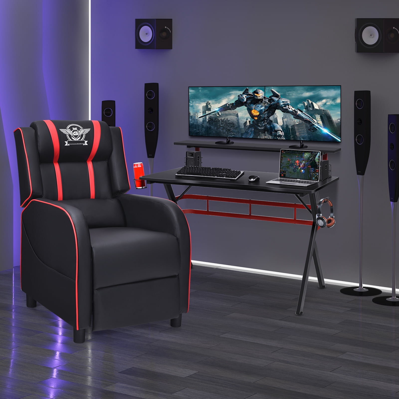 Costway Gaming Desk & Chair Set 48'' Computer Desk & Massage Recliner Chair Black + Red