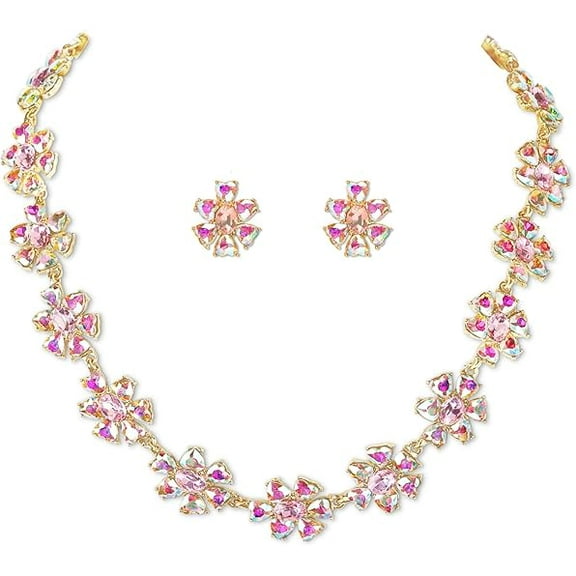 Jewelry Set for Women, Necklace Dangle Earrings, Gold Plated Jewelry Set with Austrian Crystal, Allergy Free Wedding Party Jewelry for Bridal Bridesmaid (Fancy)