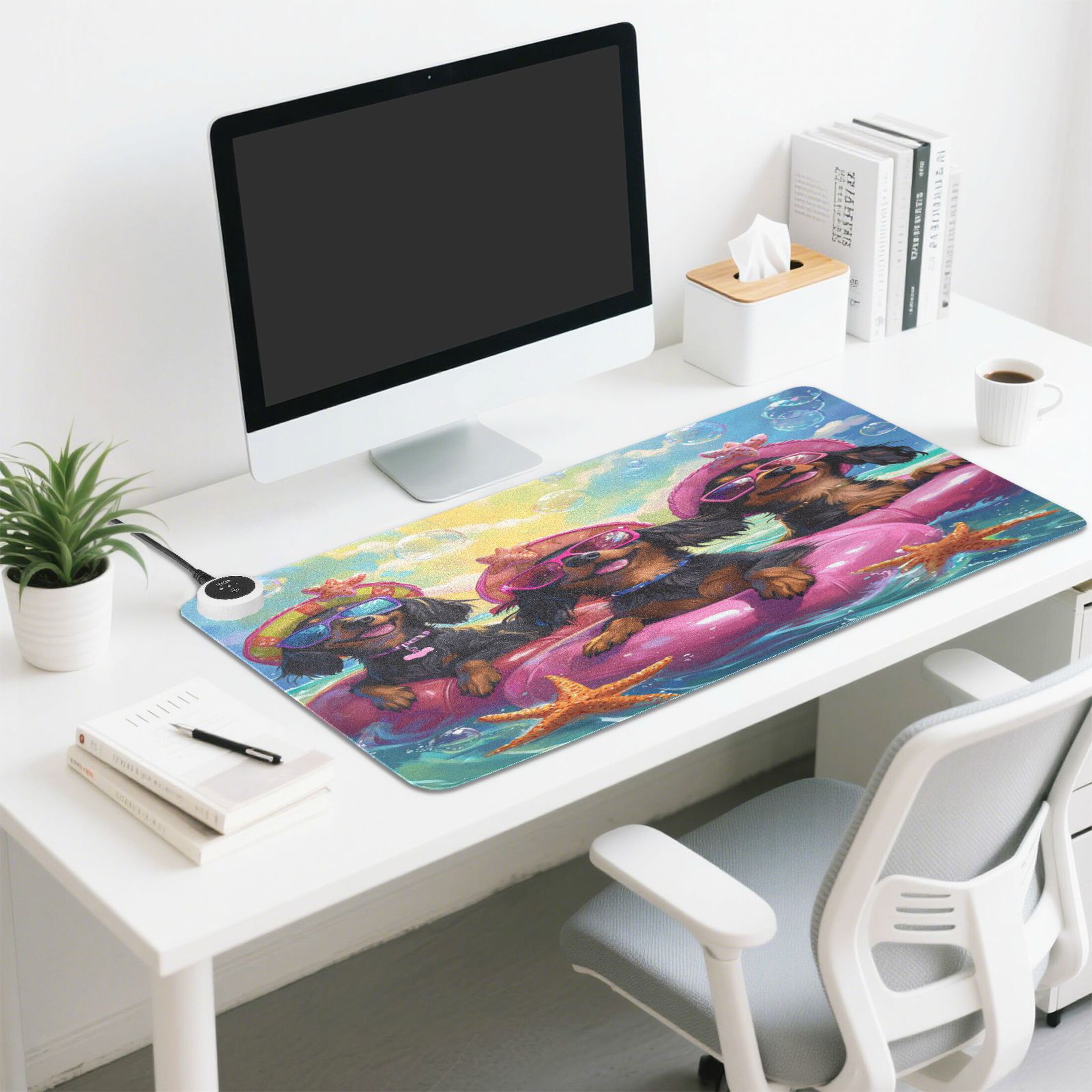Wobogo Summer Dachshunds Heated Mouse Pad Extra-Large Desk Mat With 3 Heating Levels and 3-hour Auto Shut-Off Protection Ideal for Computer Keyboards Home Office Hand-warming Essential 31.5in × 13in