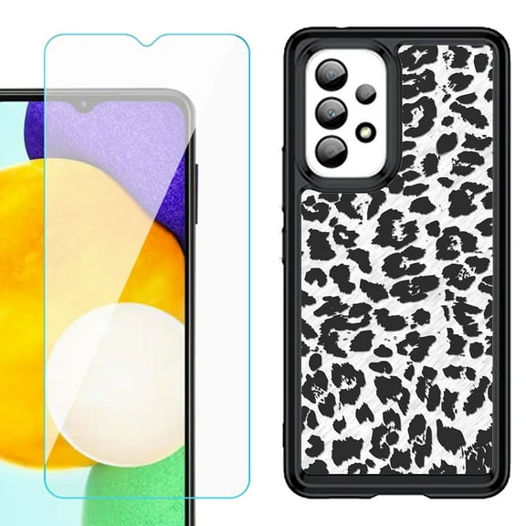 Shockproof Bumper (Black Frame) phone Case for Samsung Galaxy A23 5G, with Tempered Glass Screen Protector, by OneToughShield ® - Cheetah B/W