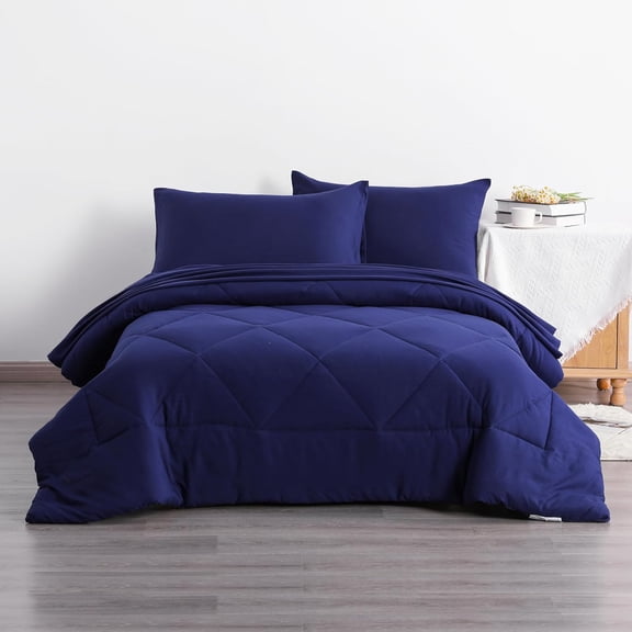 Twin Comforter Set with Sheets, 5 Pieces Soft and Breathable Bedding Set, Bed in a Bag, Down Alternative Comforter Set Solid Color All Season, Kids Bedding Set, Navy Blue