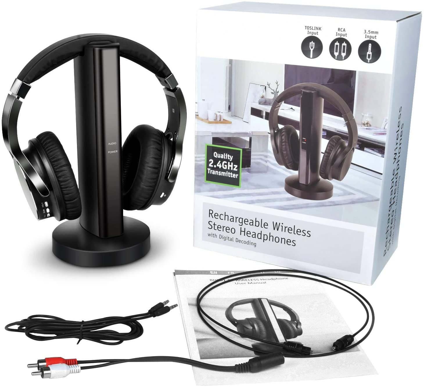 Wireless TV Headphones with 2.4G Digital RF Transmitter, Hi-Fi Over-Ear Cordless Headset with RCA / 3.5MM / Optical Port, for Watching Home TV Game Computer Television