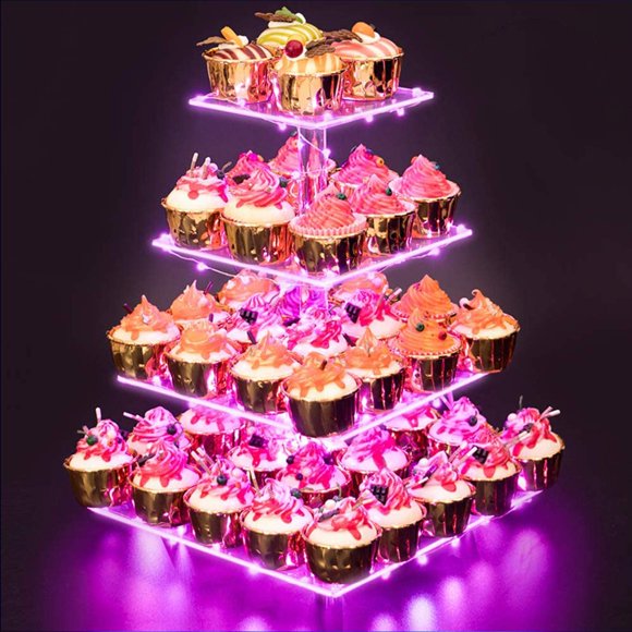 Soporte para magdalenas YestBuy Premium con forma de torre acrílica de 4 niveles, luz rosa
