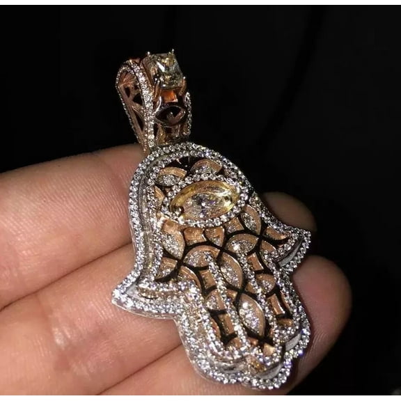 2.30Ct Round Cut Real Moissanite Hamsa Hand Evil Pendant 14K Rose Gold Plated