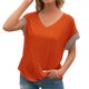 thumbnail image 4 of Camiseta de mujer Verano Cuello en V Rayas Manga corta Casual Top suelto, Naranja, XL seitruly AP001320-12, 4 of 7
