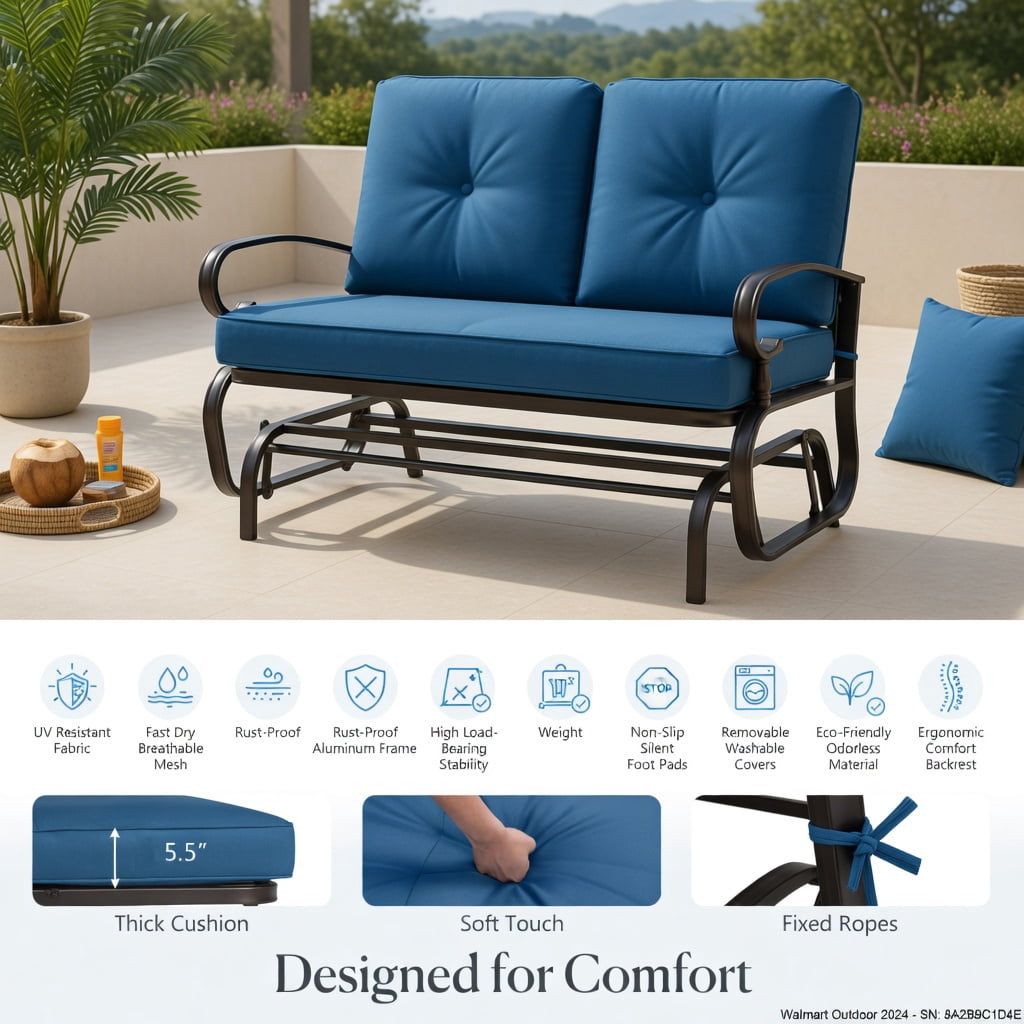 Hommoo 2-Person Outdoor Swing Glider Bench with Cushions, Steel Frame, Olefin Fabric, Patio, Porch & Backyard Seating, Navy